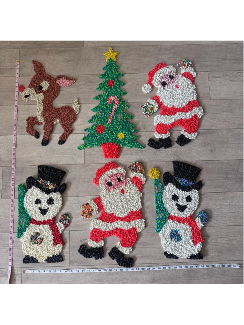 Vintage Melted Popcorn Plastic Christmas Wall Decorations Lot of 6 Santa Snowman